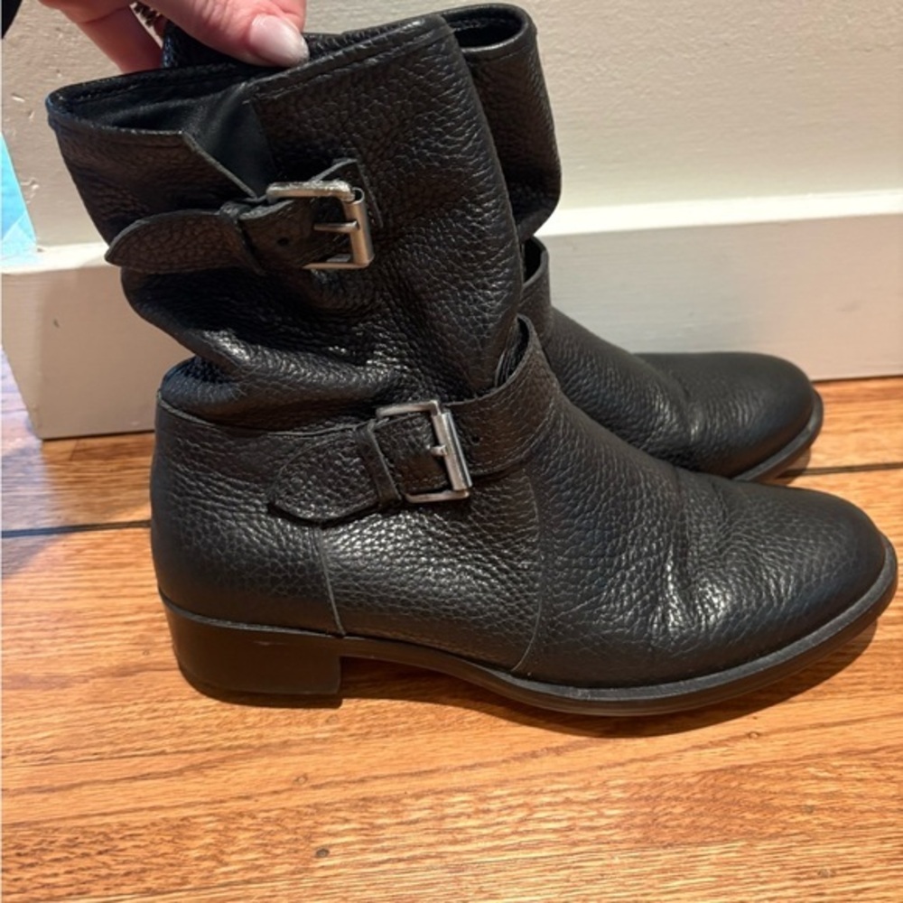 J.Crew Black Textured pebbled Leather Buckle Ankle Boots Moto Style Low Heel 6.5